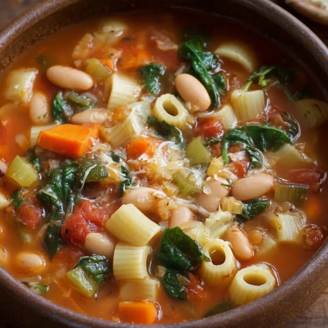 Close-up of a rustic bowl filled with hearty minestrone soup, featuring a rich tomato broth, cannellini beans, ditalini pasta, diced carrots, celery, and wilted spinach, garnished with grated Parmesan cheese.