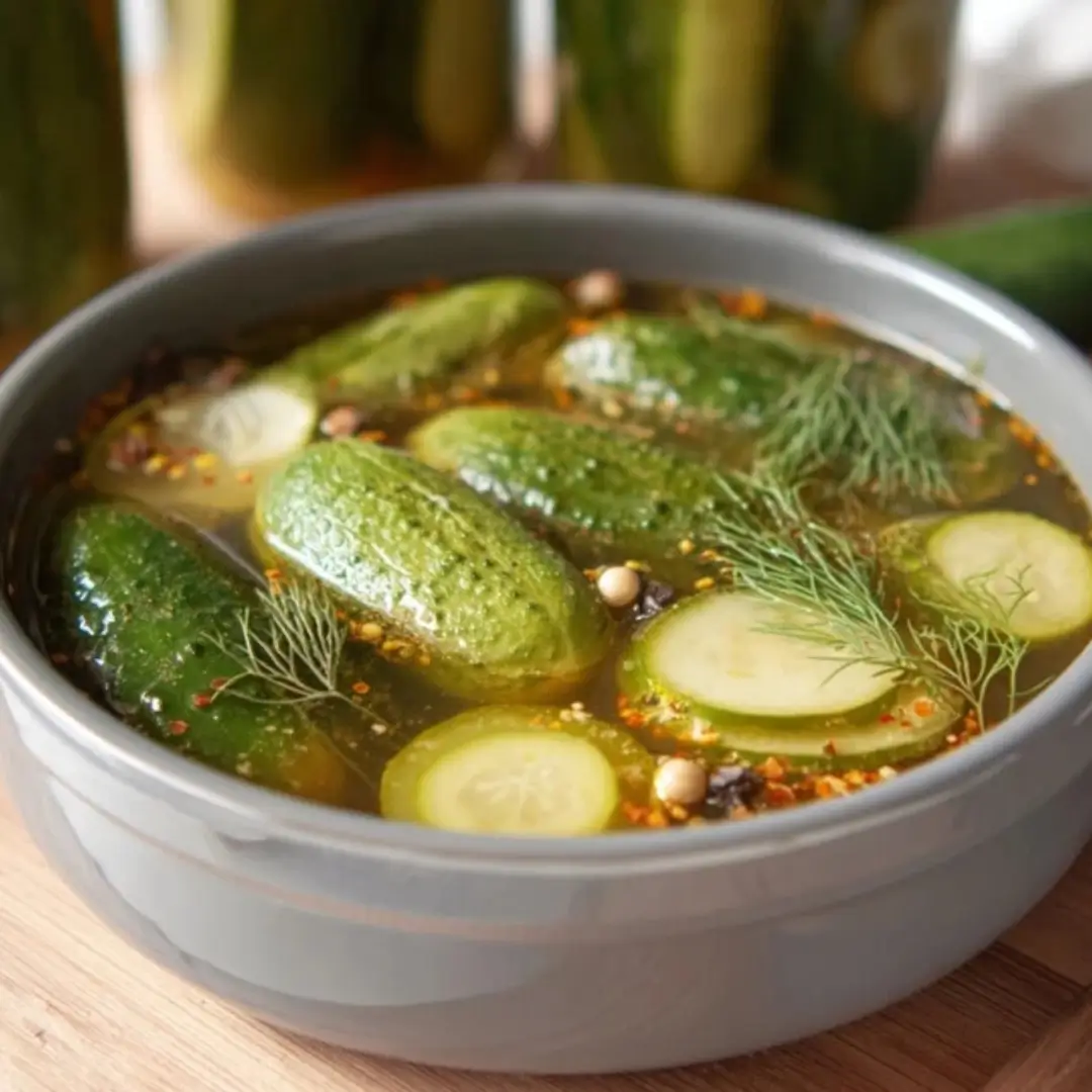 A close-up of a glass jar packed with small green cucumbers, fresh dill sprigs, and brine, showcasing the process of making homemade fermented pickles.