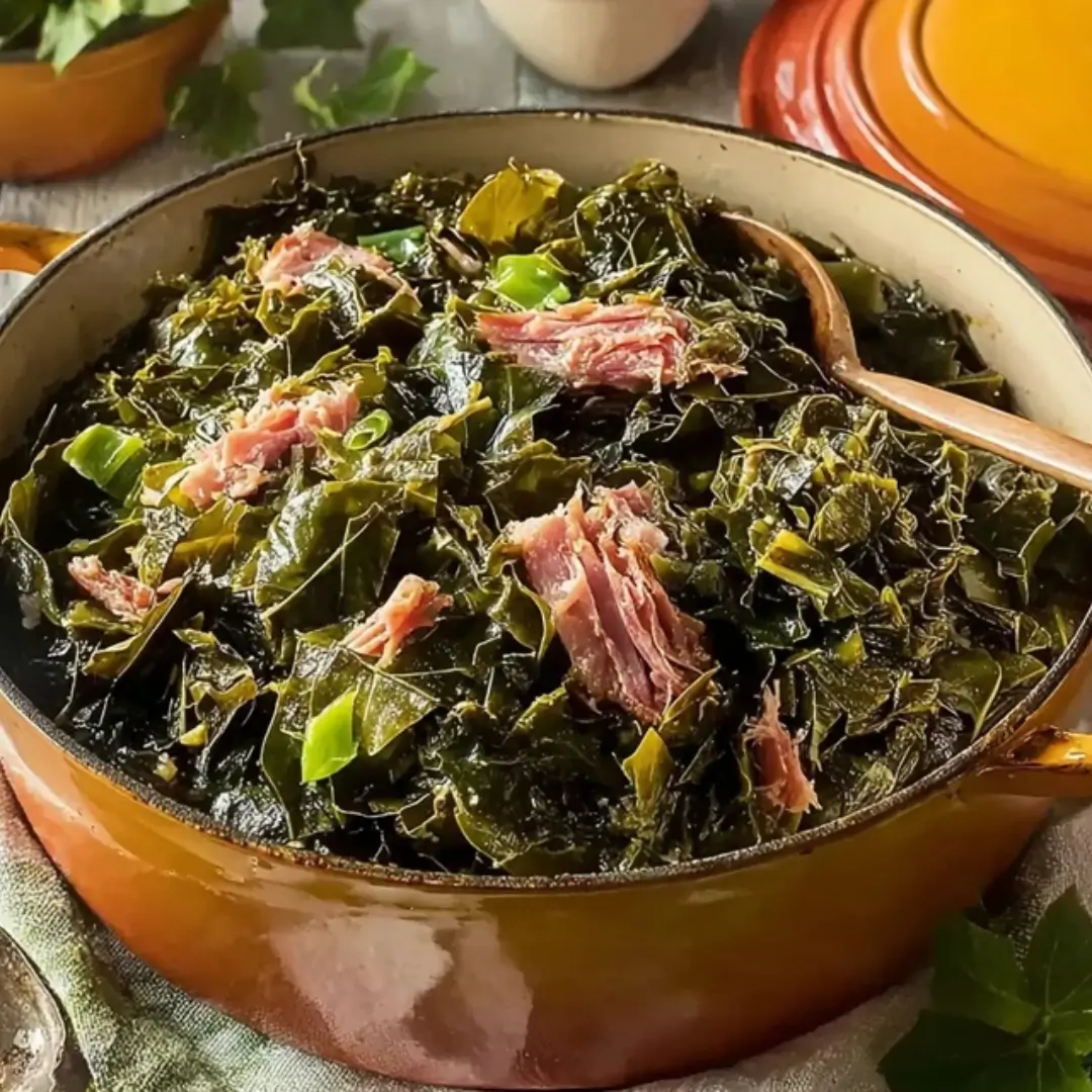 A large orange Dutch oven filled with tender, slow-cooked Southern collard greens mixed with shredded smoked turkey.
