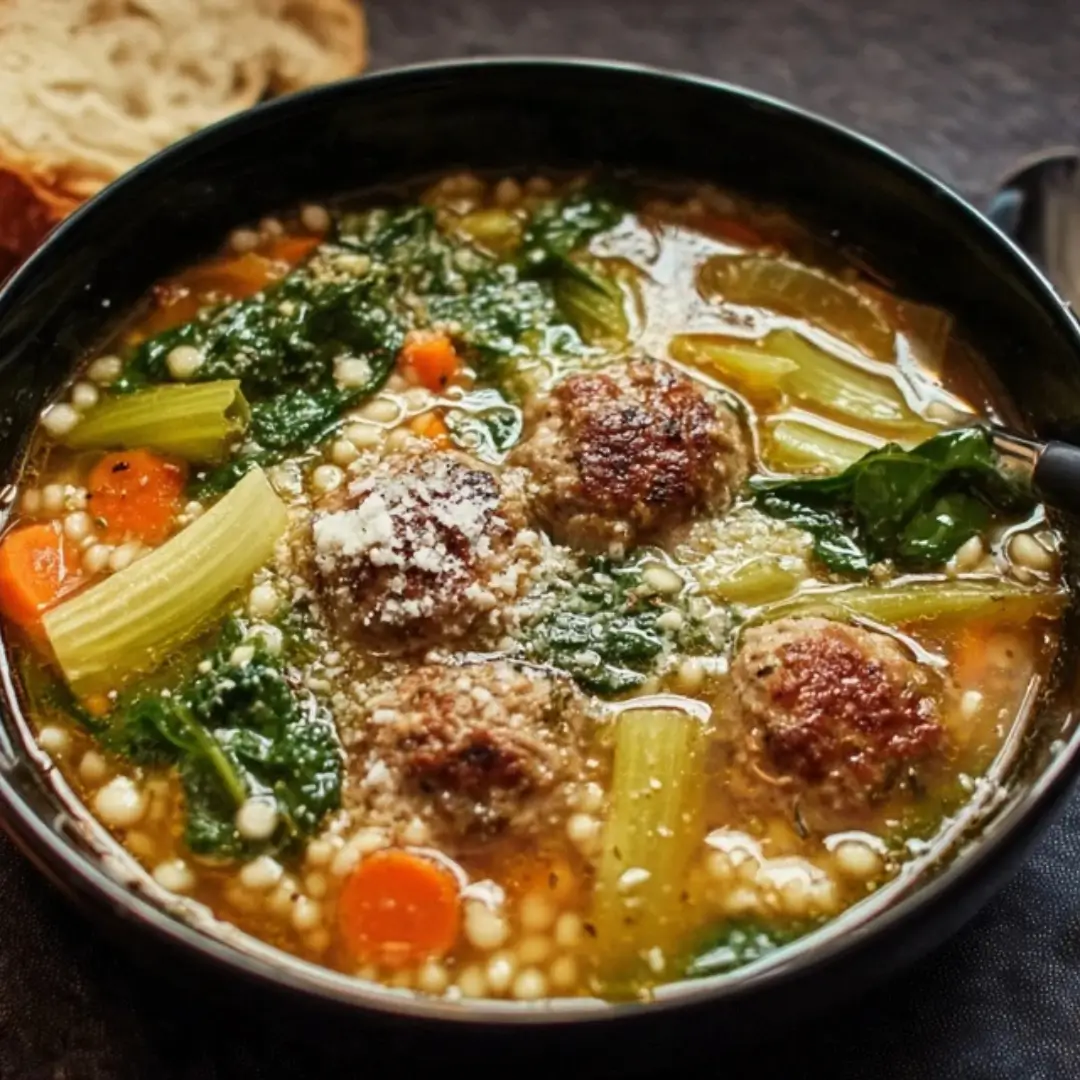 A close-up shot of a dark bowl filled with traditional Italian Wedding Soup, featuring small, browned turkey meatballs, sliced carrots, celery pieces, wilted green spinach, and tiny acini di pepe or orzo pasta floating in a rich, golden broth, topped with a sprinkle of grated Parmesan cheese.