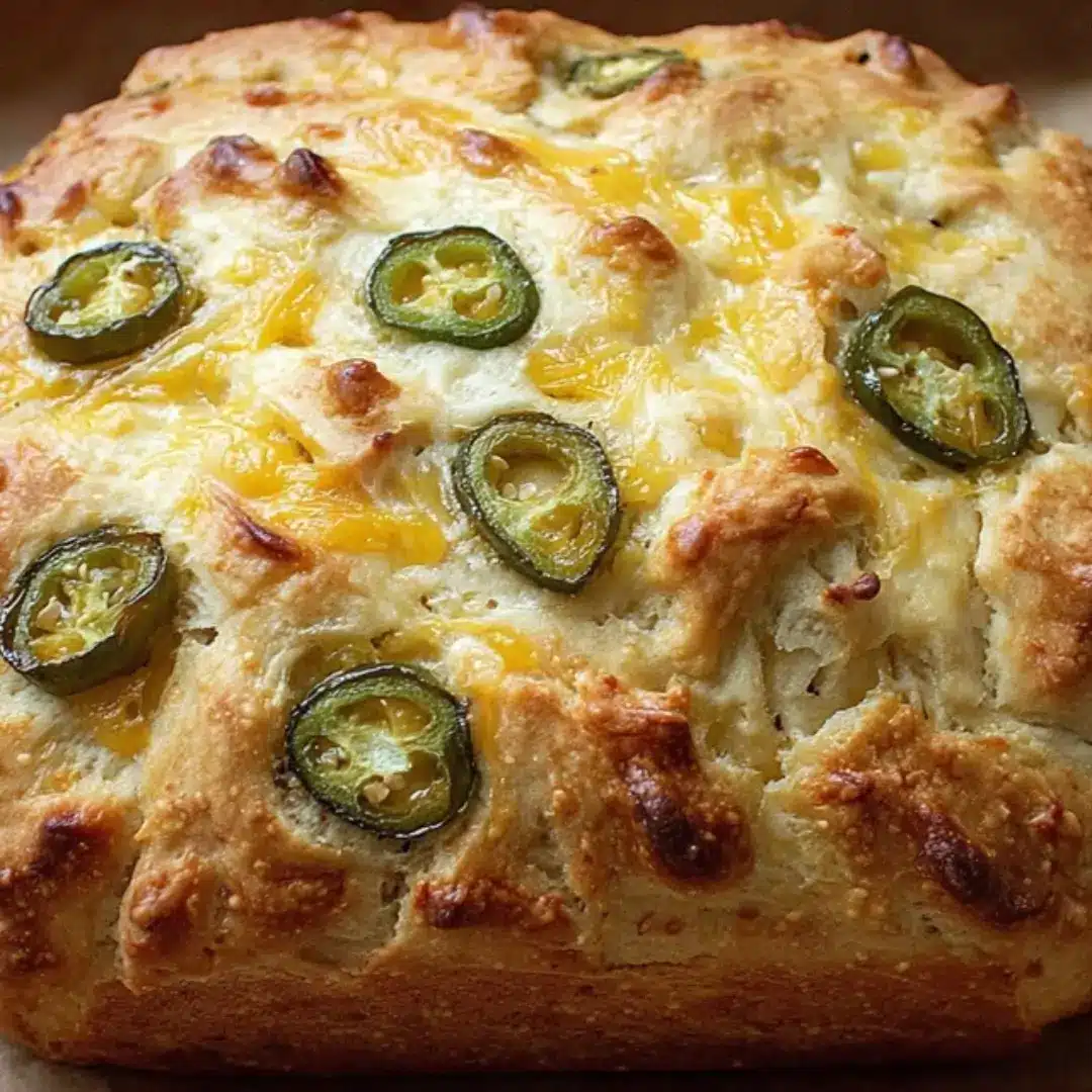 Golden-brown homemade Jalapeño Cheddar Bread loaf topped with sliced green jalapeños and melted shredded cheese.