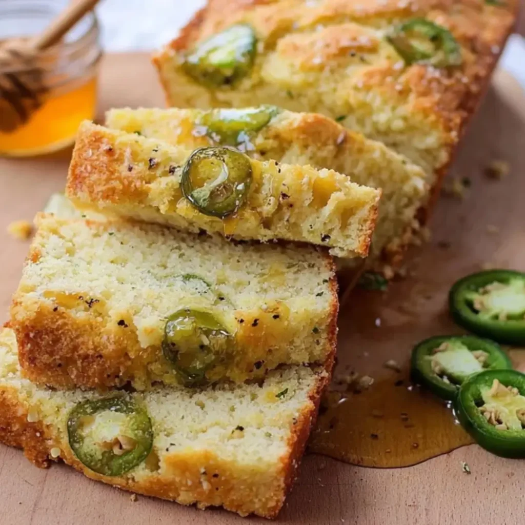 Slices of golden yellow Jalapeño Honey Quick Bread drizzled with honey, showing visible pieces of bright green jalapeño on a wooden cutting board.