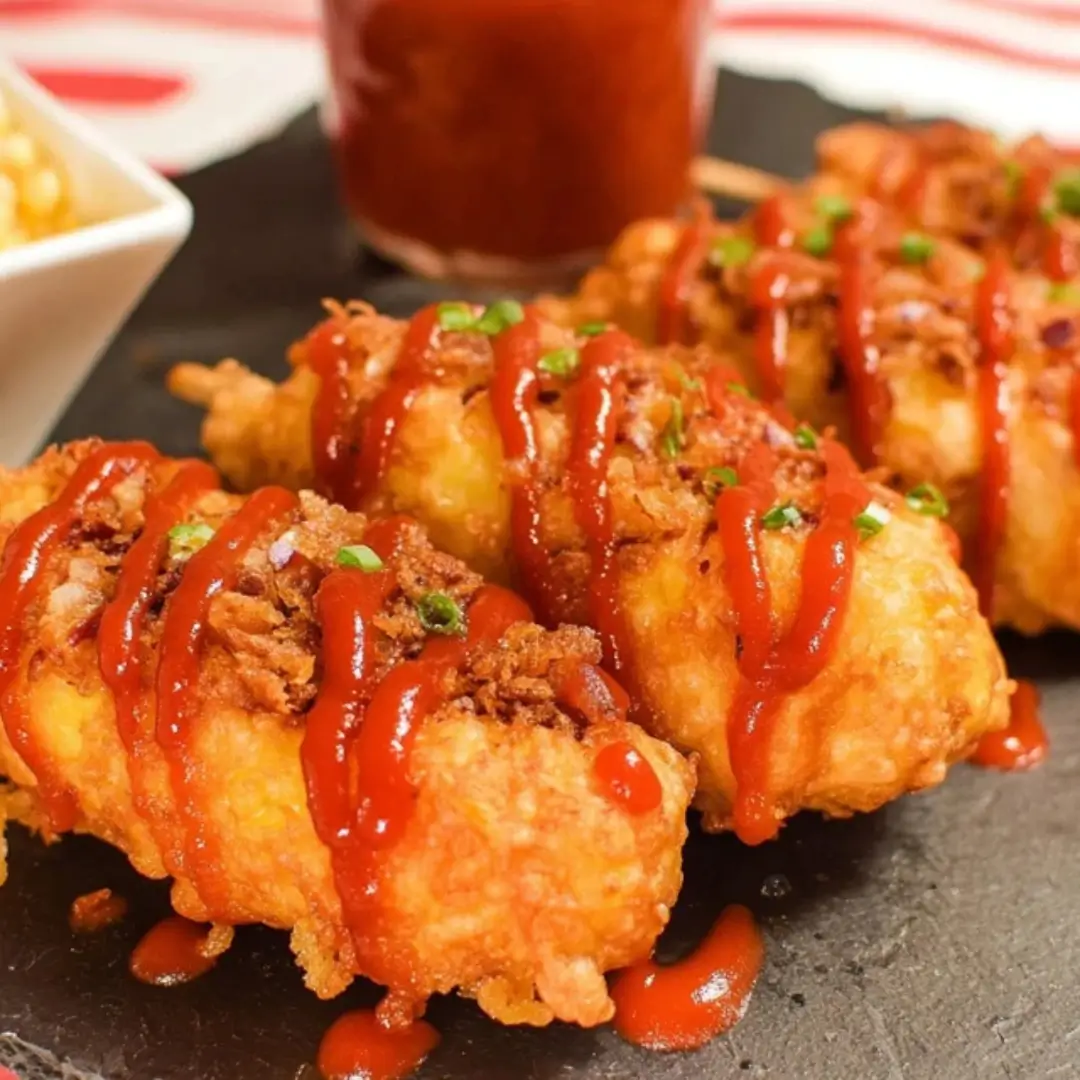 Close-up of three crispy, golden Korean Corndogs drizzled generously with sweet and spicy Korean Ketchup and garnished with chopped scallions or crispy onions, served on a dark slate plate.