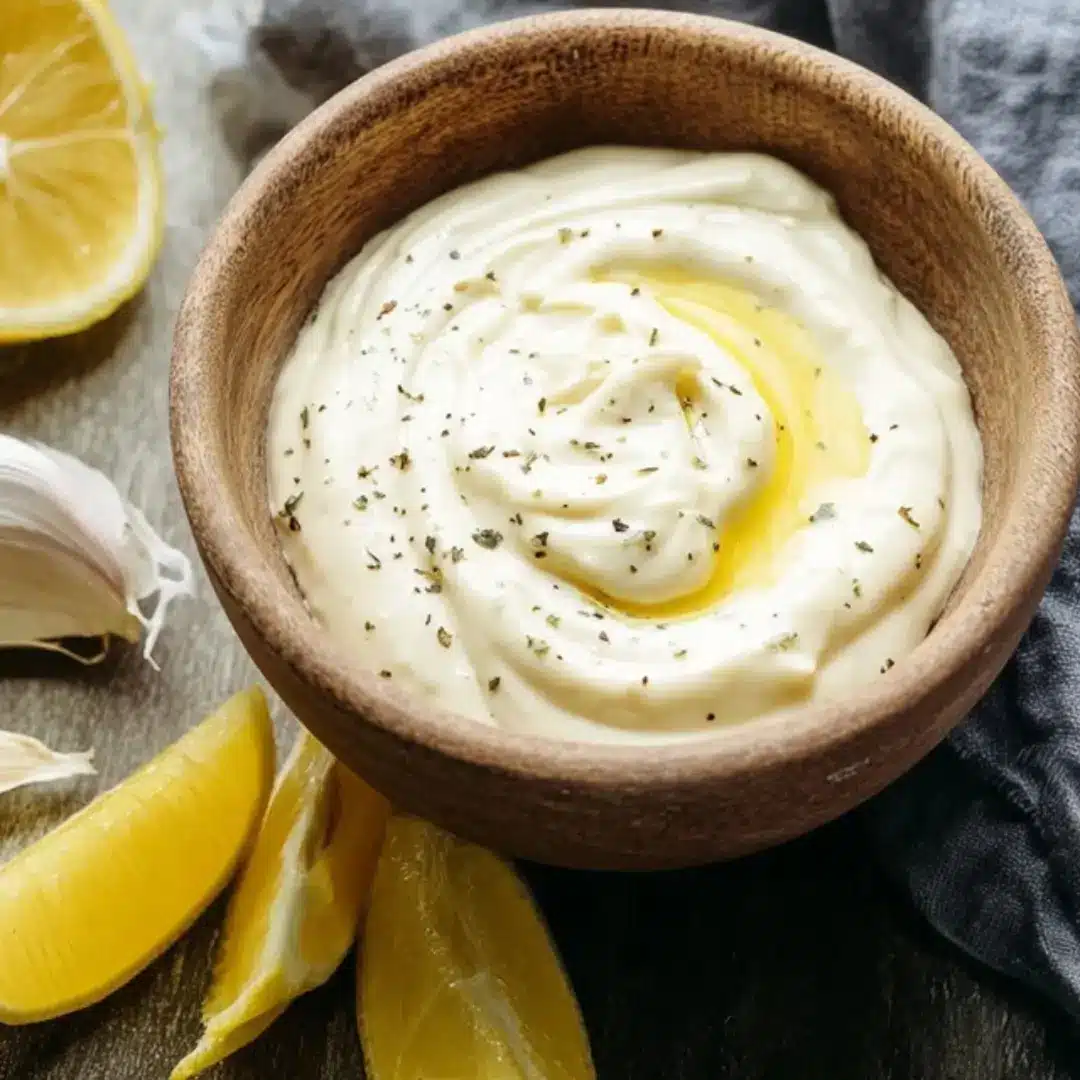 Creamy homemade lemon garlic aioli sauce served in a wooden bowl with fresh lemon wedges and garlic cloves on the side.