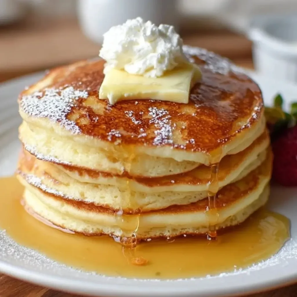 A tall stack of four fluffy, golden-brown ricotta cheese pancakes drizzled with maple syrup, topped with a square of butter and a dollop of whipped cream or powdered sugar, with a strawberry visible on the side.