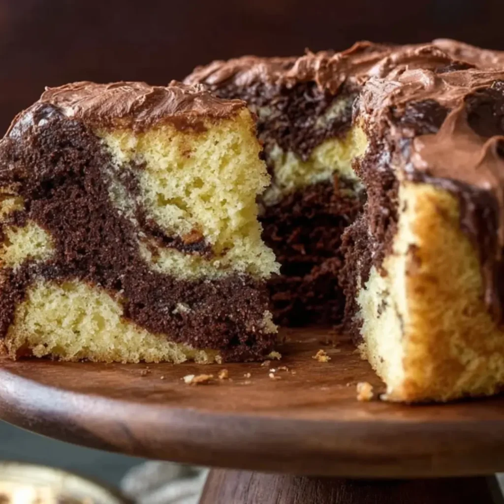 A close-up slice of moist marble cake with swirls of chocolate and vanilla sponge topped with rich chocolate frosting on a wooden stand.