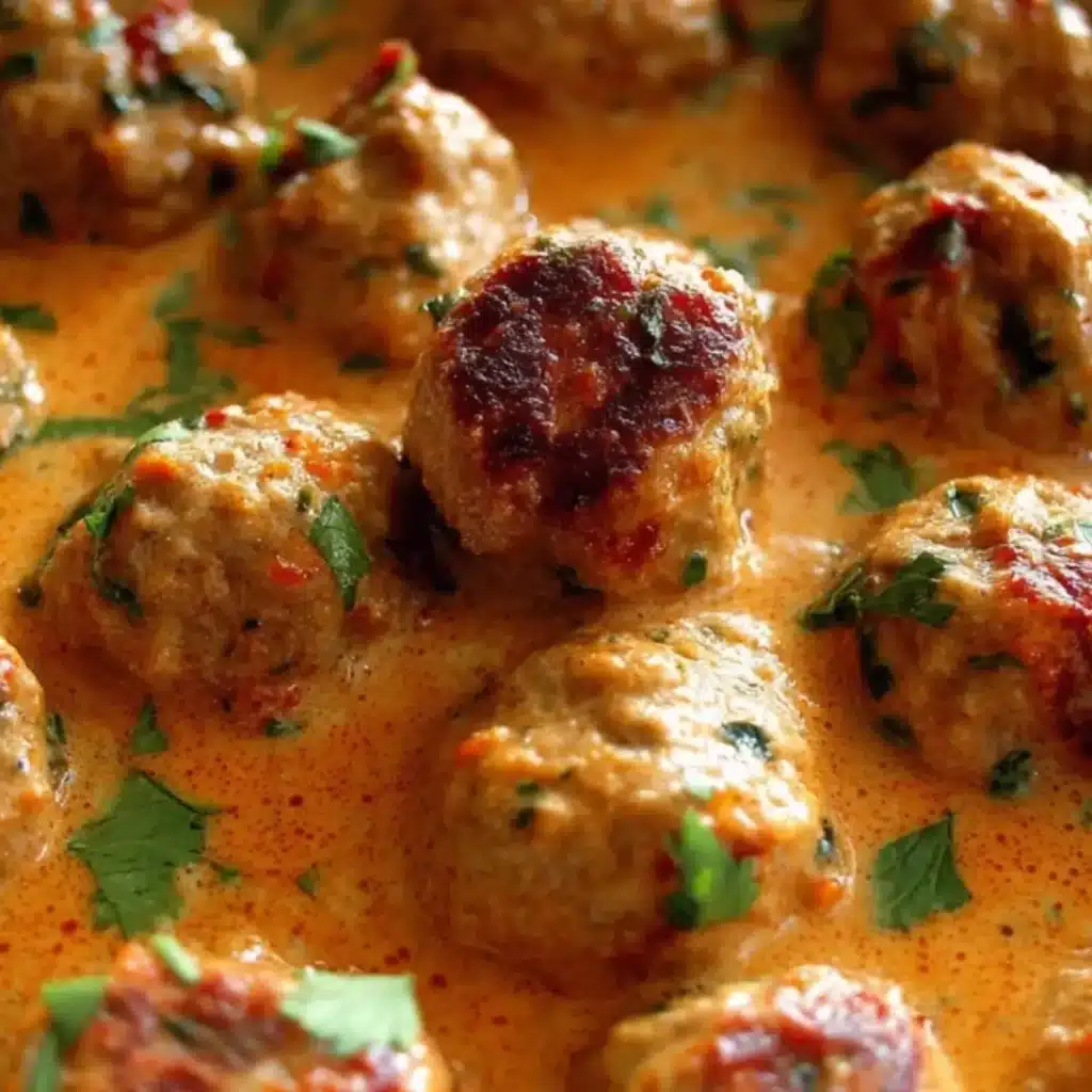 Close-up shot of golden-brown chicken meatballs simmering in a creamy orange sauce with bits of sun-dried tomato and fresh parsley garnish.