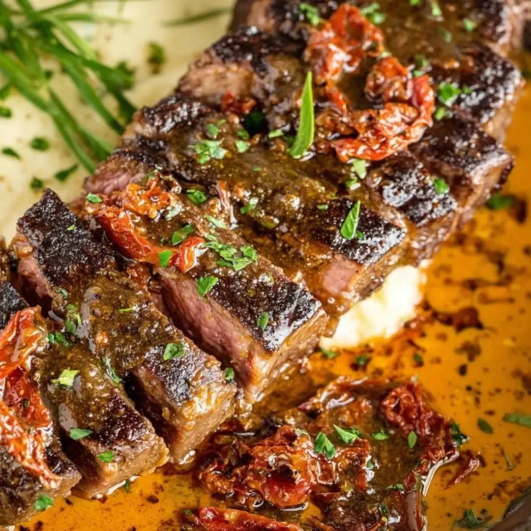 Sliced Marry Me Steak served over mashed potatoes, covered in a rich, creamy sauce with sun-dried tomatoes, and garnished with fresh herbs.