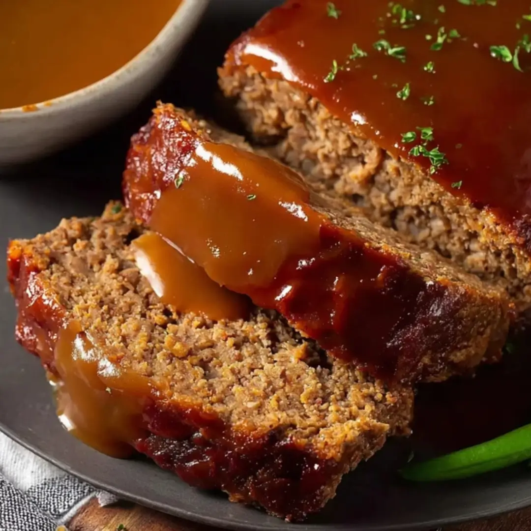 Sliced homemade meatloaf served on a dark plate, generously smothered in a smooth, glistening brown gravy and topped with fresh herbs.