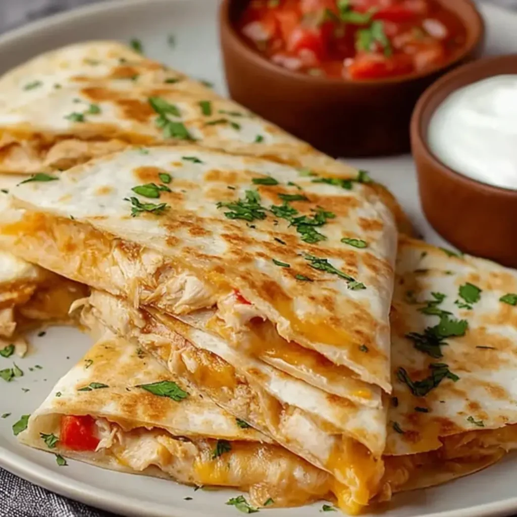 Crispy golden-brown Mexican crockpot chicken quesadillas stacked on a plate, filled with melted cheese and shredded chicken, served with sides of salsa and sour cream.