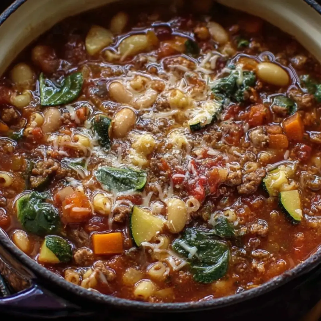 A close-up overhead shot of a steaming pot of Minestrone Soup with Sausage, featuring white beans, zucchini, ditalini pasta, and wilted spinach topped with melted Parmesan cheese.