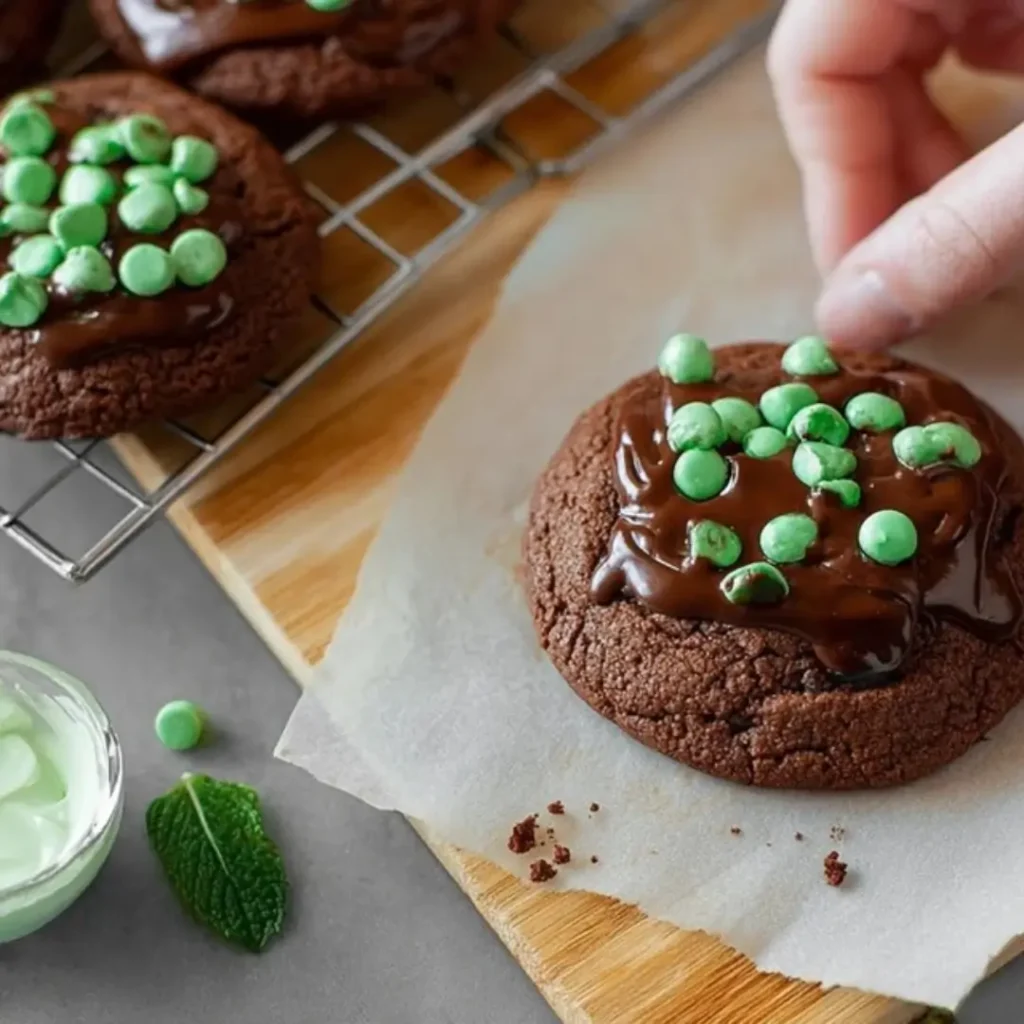 Close-up of a hand placing bright green mint chocolate chips on a soft, freshly baked dark chocolate cookie topped with melted chocolate ganache.