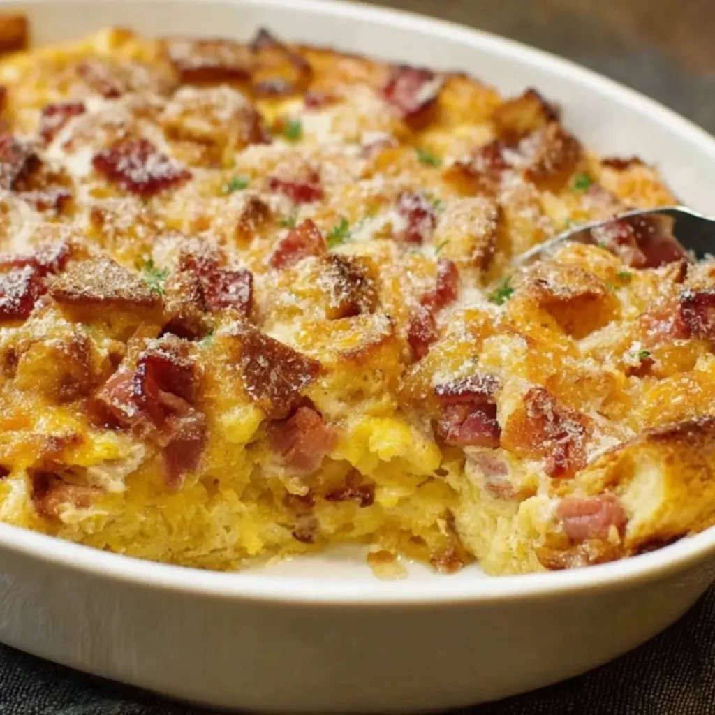 A white ceramic baking dish filled with a golden-brown Monte Cristo breakfast casserole featuring cubed brioche bread, melted cheese, and savory turkey pieces, lightly dusted with powdered sugar.