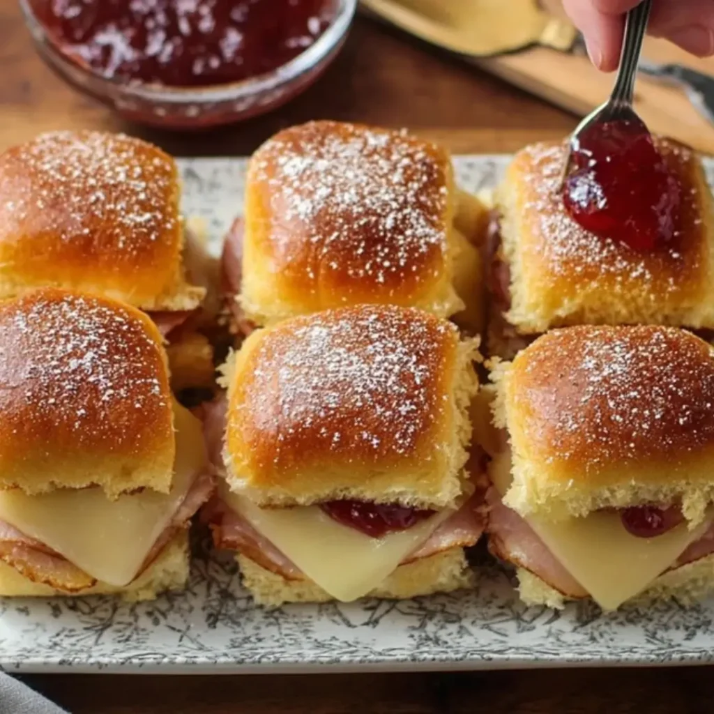 Baked Monte Cristo sliders dusted with powdered sugar, layered with ham and cheese, served on a white platter with a small bowl of raspberry jam for dipping.