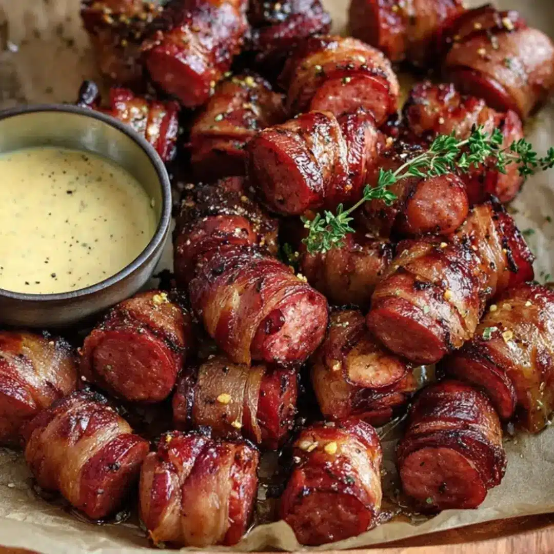 A close-up shot of caramelized Mustard Hasselback Kielbasa Bites wrapped in bacon, served on parchment paper with a small bowl of creamy mustard dipping sauce and fresh herbs.