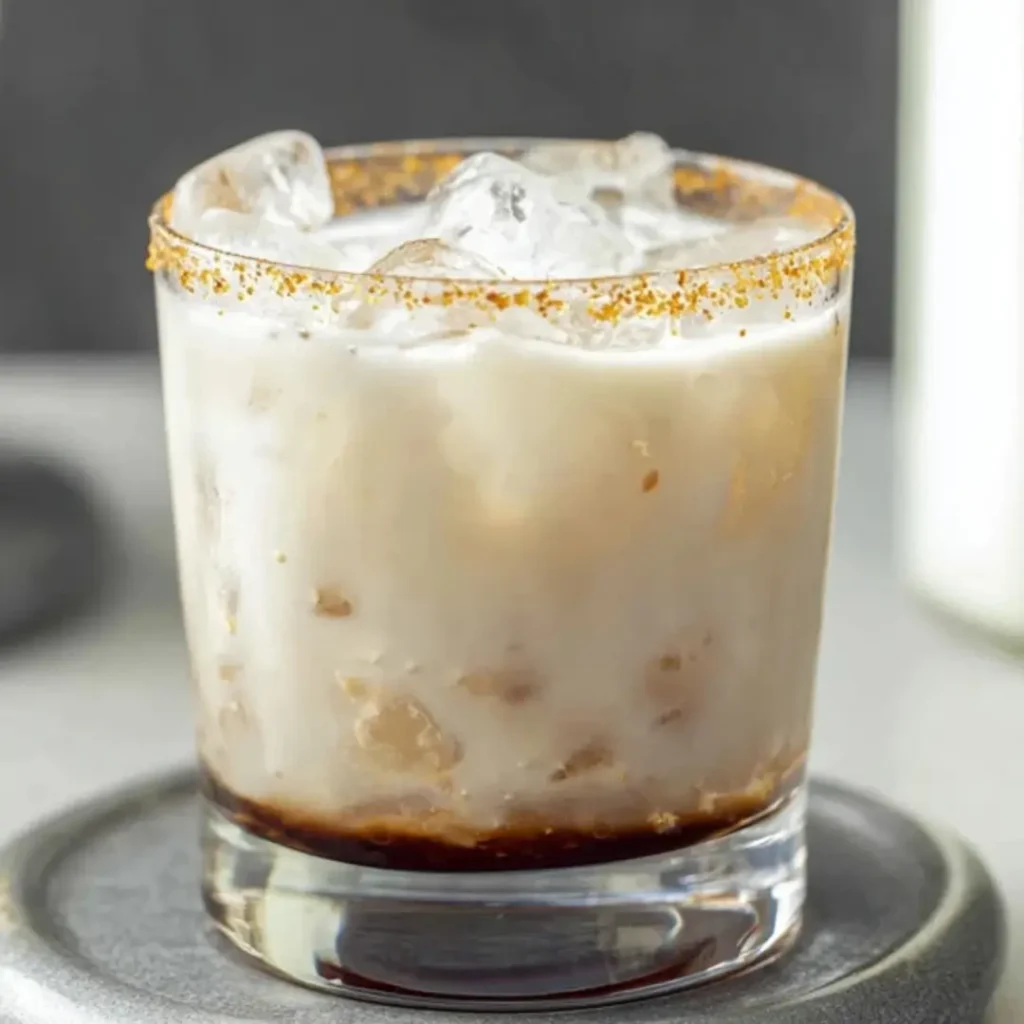 A creamy Naughty White Russian mocktail in a short glass filled with ice, featuring a dark coffee syrup layer at the bottom and a shimmering gold-dusted rim.