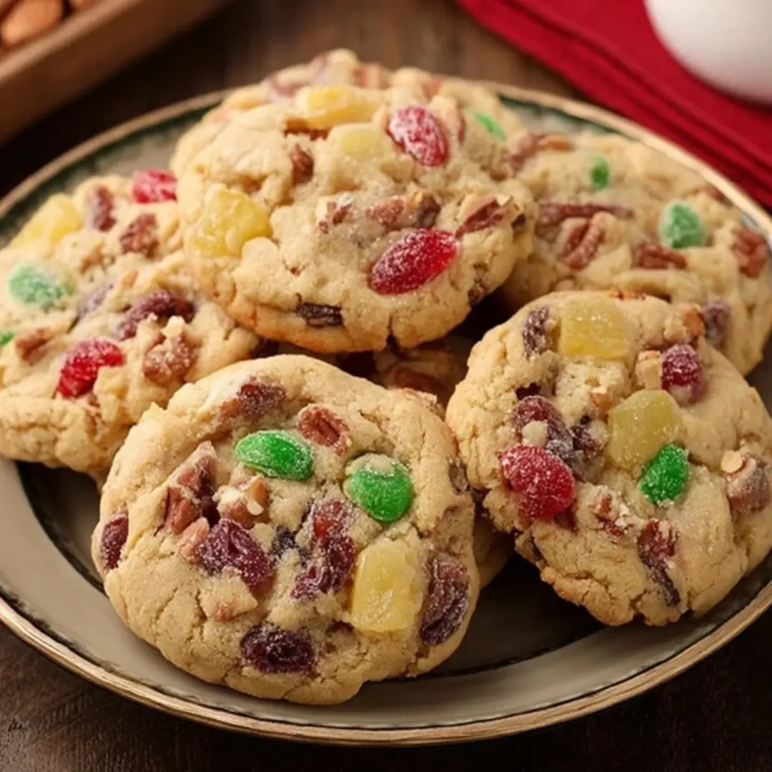 Close-up of five Old Fashioned Fruitcake Cookies stacked on a small, dark plate with gold trim, showcasing the chewy texture and colorful candied fruits and nuts mixed into the cookie dough.
