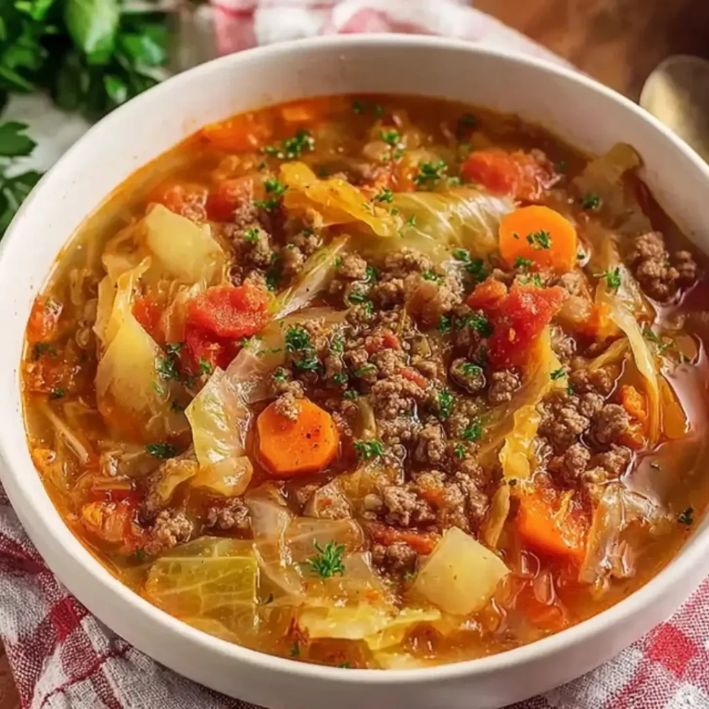 A white bowl filled with hearty One-Pot Ground Beef and Cabbage Soup, featuring tender cabbage ribbons, sliced carrots, diced tomatoes, and savory ground beef in a rich broth, garnished with fresh parsley.