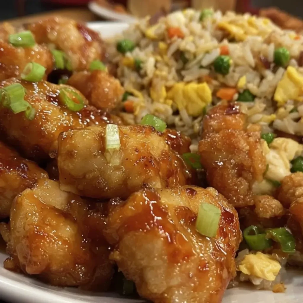 Crispy homemade Orange Chicken coated in a glossy sauce served alongside savory Fried Rice garnished with green onions.