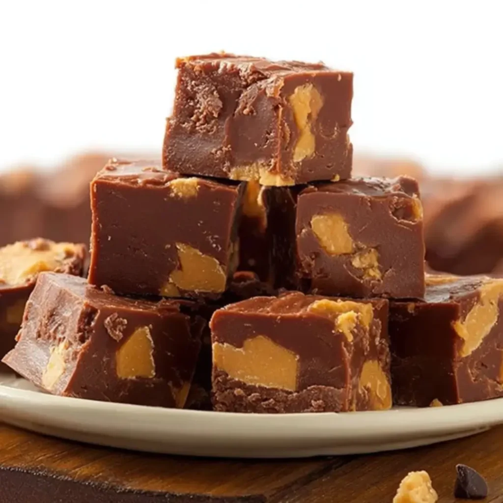 Stack of rich, creamy chocolate fudge squares with visible chunks of peanut butter or caramel, sitting on a small white plate.