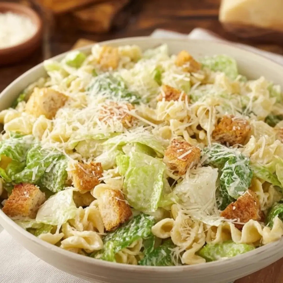 A close-up shot of Pasta Caesar Salad featuring rotini pasta, chopped romaine lettuce, large golden croutons, and generous shavings of Parmesan cheese, all coated in a creamy dressing.