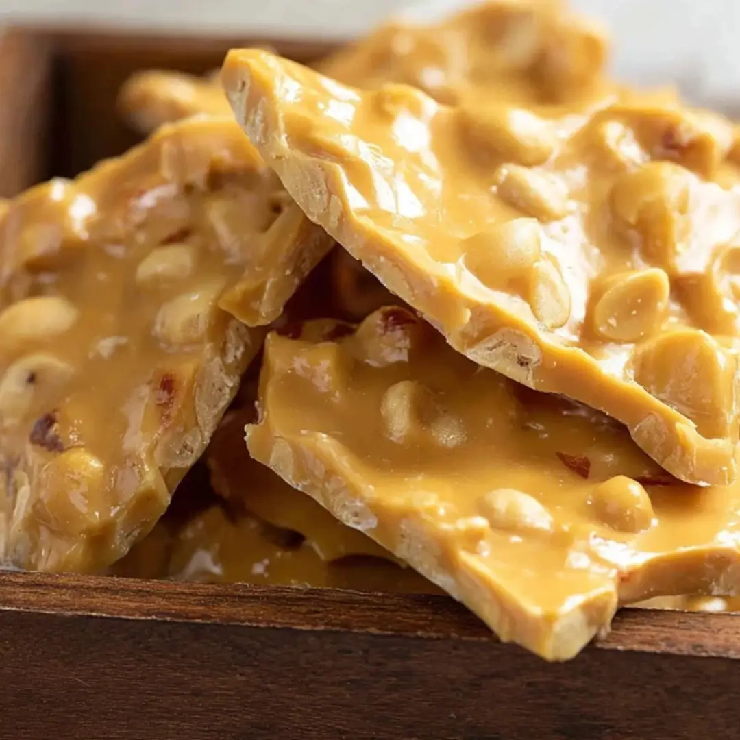 Close-up stack of golden peanut brittle pieces loaded with whole peanuts, ready to be eaten.