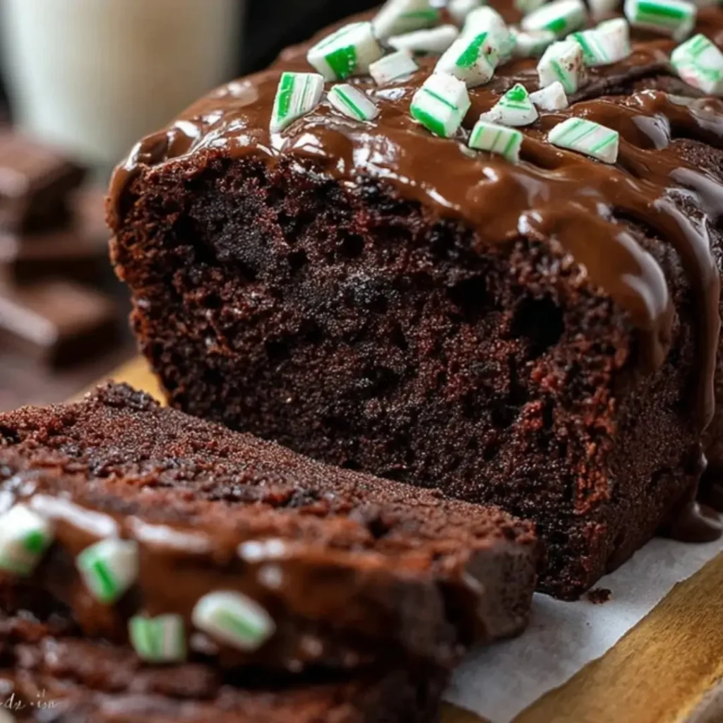 A rich, sliced chocolate brownie bread loaf topped with a thick layer of melted chocolate glaze and sprinkled with green and white crushed peppermint candy pieces.