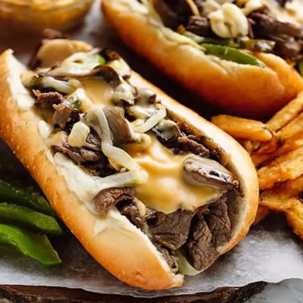 Two loaded Philly Cheesesteak sandwiches on toasted hoagie rolls with melted provolone cheese, thinly sliced sirloin steak, sautéed onions, and mushrooms, served next to a pile of golden french fries.