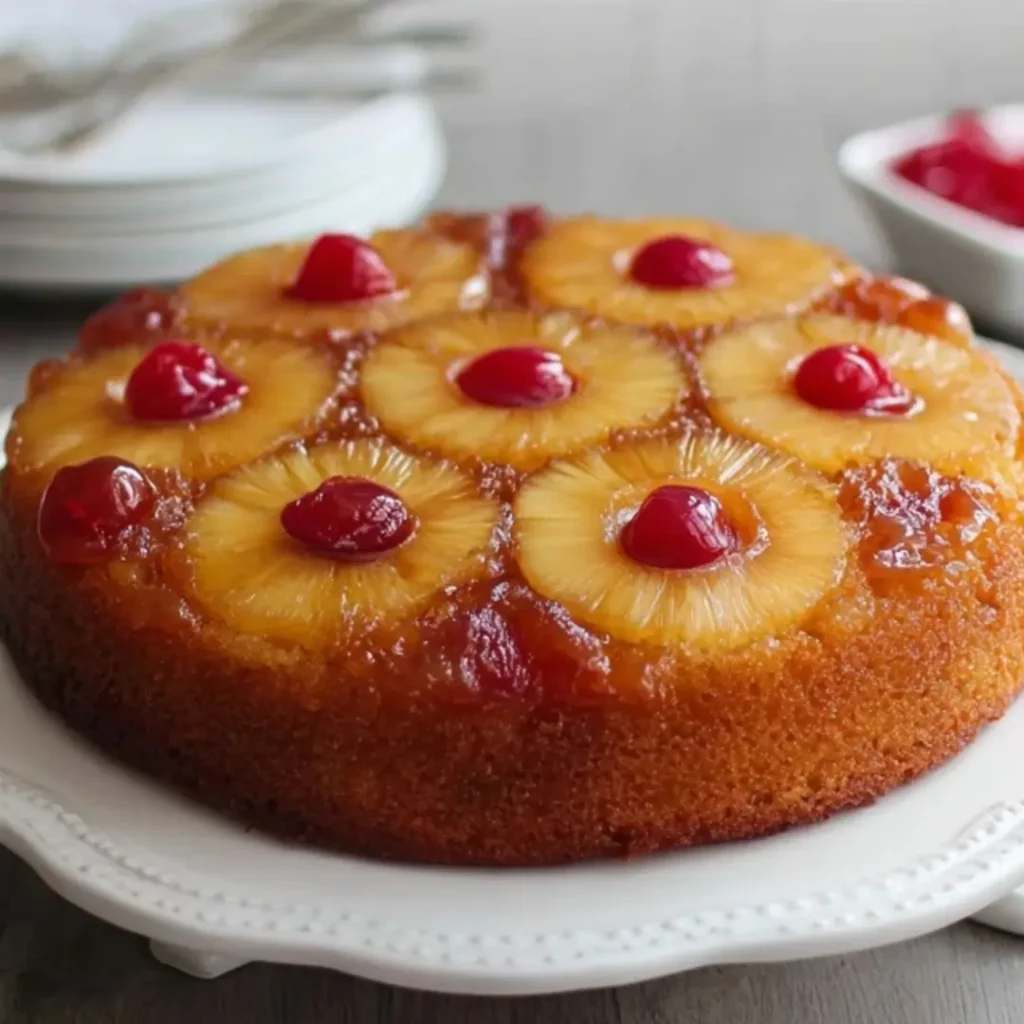 A whole, beautifully caramelized Pineapple Upside Down Cake with maraschino cherries centered in each ring, resting on a white ruffled plate.