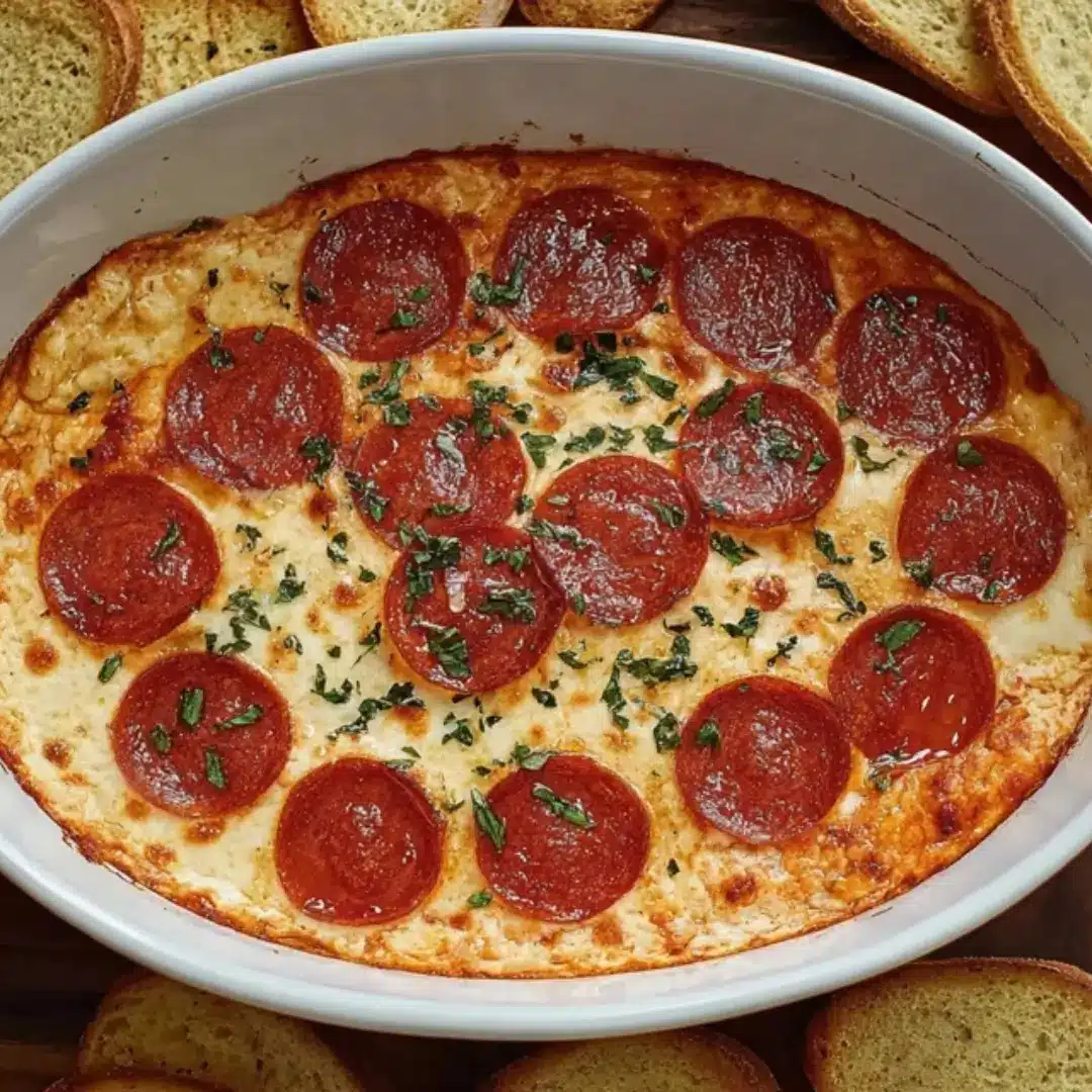 A hot, bubbly white oval baking dish filled with melted, golden-brown cheese and covered with whole pepperoni slices, garnished with fresh chopped parsley or basil. The dip is surrounded by toasted bread slices for dipping.