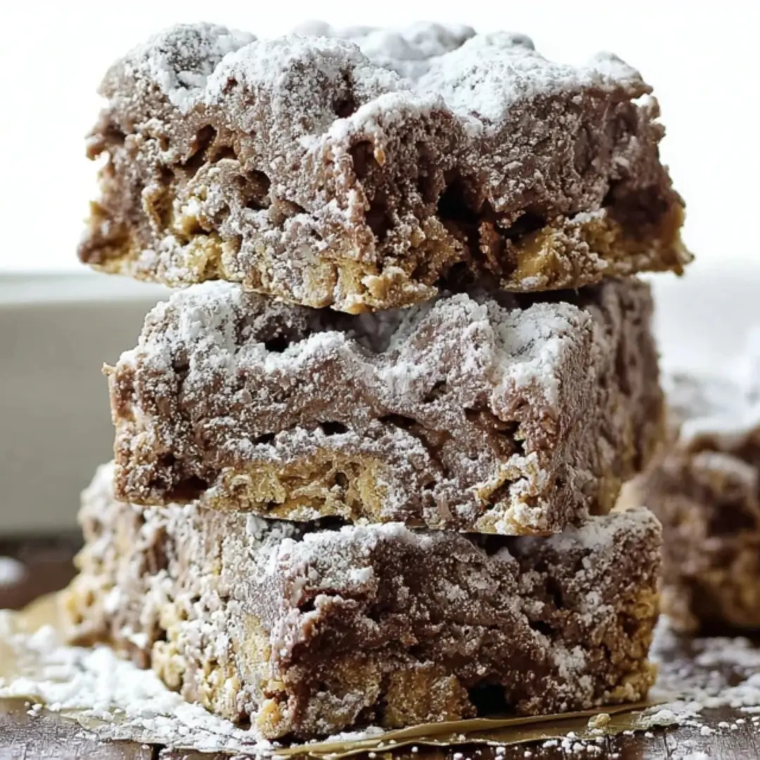 A stack of three thick, no-bake Puppy Chow Bars coated in powdered sugar and filled with peanut butter, chocolate, and rice cereal.