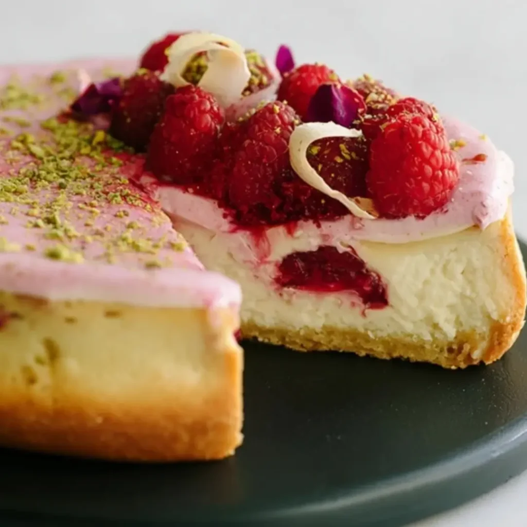 Slice of Raspberry, Rose & Vanilla Cheesecake with a pistachio crust and fresh raspberries and rose petals on top.