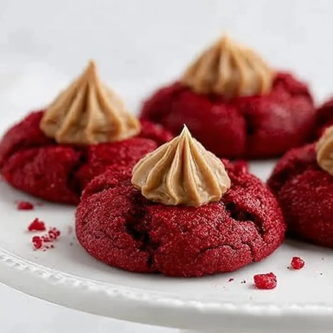 A close-up shot of several bright red velvet peanut butter blossom cookies on a white plate, topped with peanut butter cups.