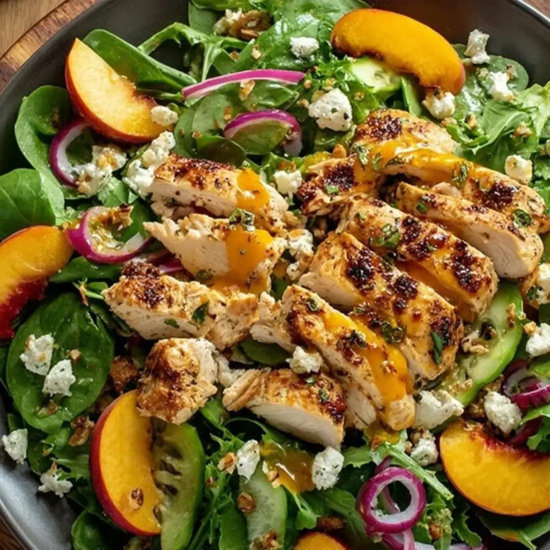 Roasted Peach Chicken Salad with sliced, seasoned chicken breast, mixed greens, red onion, crumbled feta cheese, and balsamic dressing.