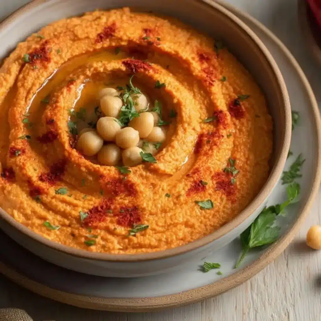 A ceramic bowl of smooth, vibrant orange Roasted Red Pepper Hummus, garnished with a drizzle of olive oil, a central cluster of whole chickpeas, and a sprinkle of chopped parsley and paprika.