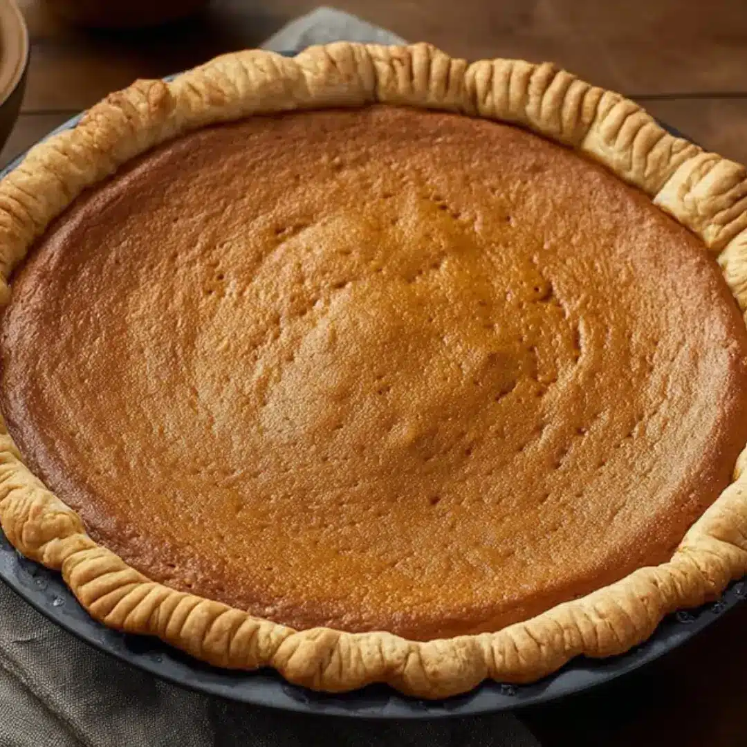A close-up shot of a homemade Roasted Sweet Potato Pie with a golden-brown, fluted buttery crust and a smooth, silky spiced filling.