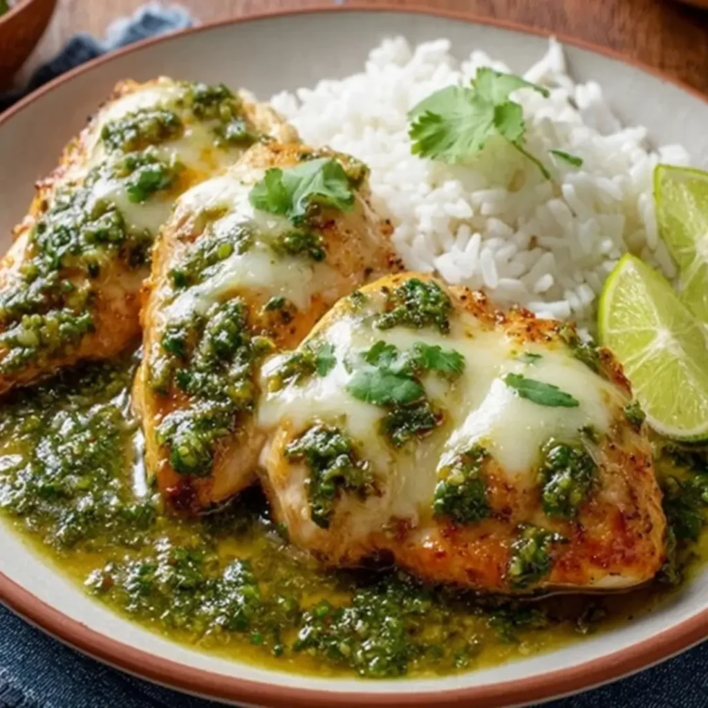 Close-up of three pieces of juicy chicken breast covered in bright green salsa verde and melted white cheese, served over white rice with fresh cilantro and lime wedges on a rustic plate.