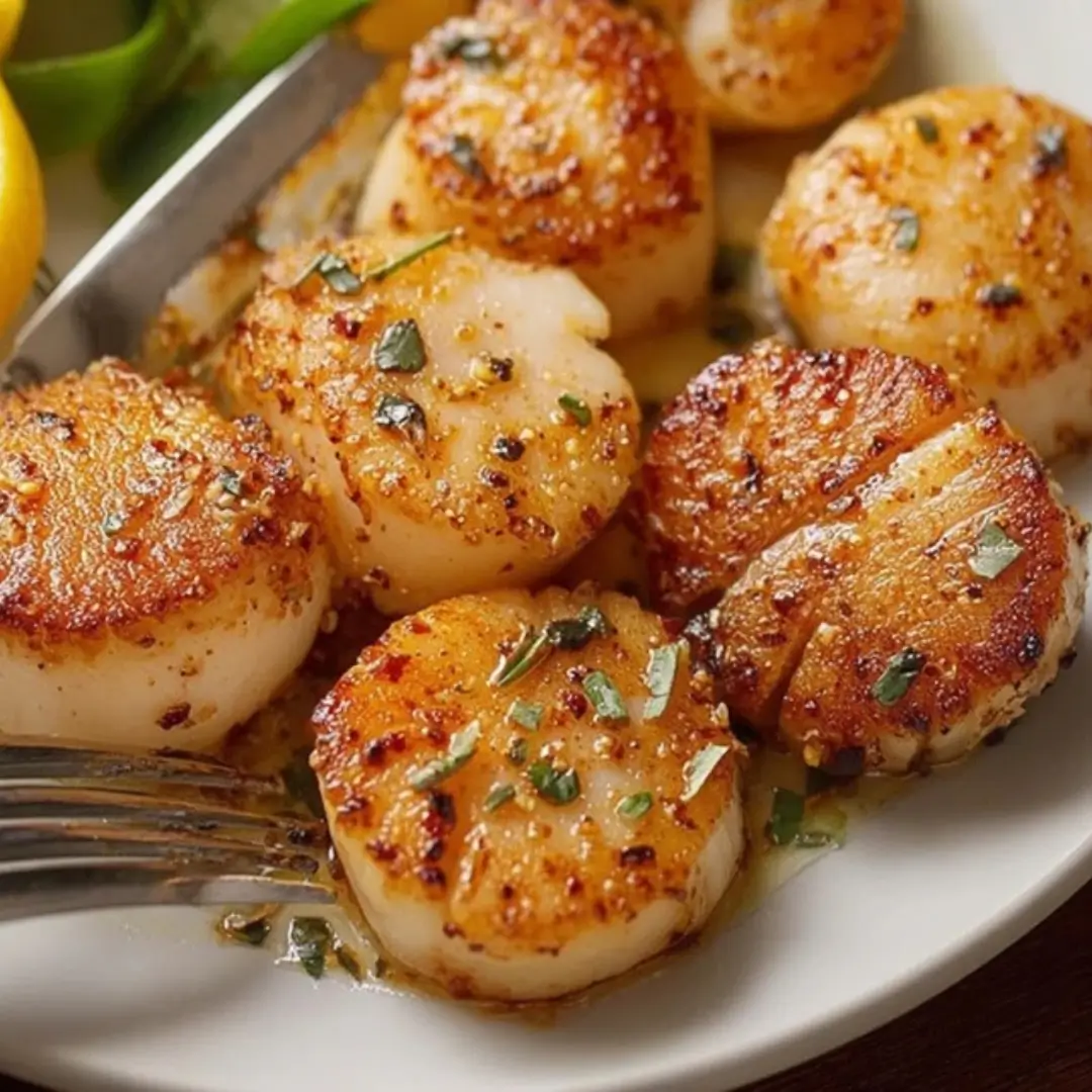 Close-up of six perfectly seared sea scallops with a golden-brown crust, drizzled with lemon garlic butter sauce and sprinkled with fresh parsley.