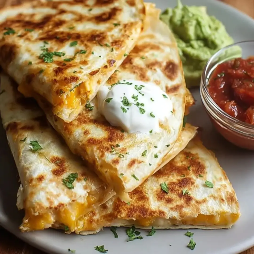 Golden brown toasted chicken quesadilla wedges stacked on a plate with sour cream, salsa, and guacamole.