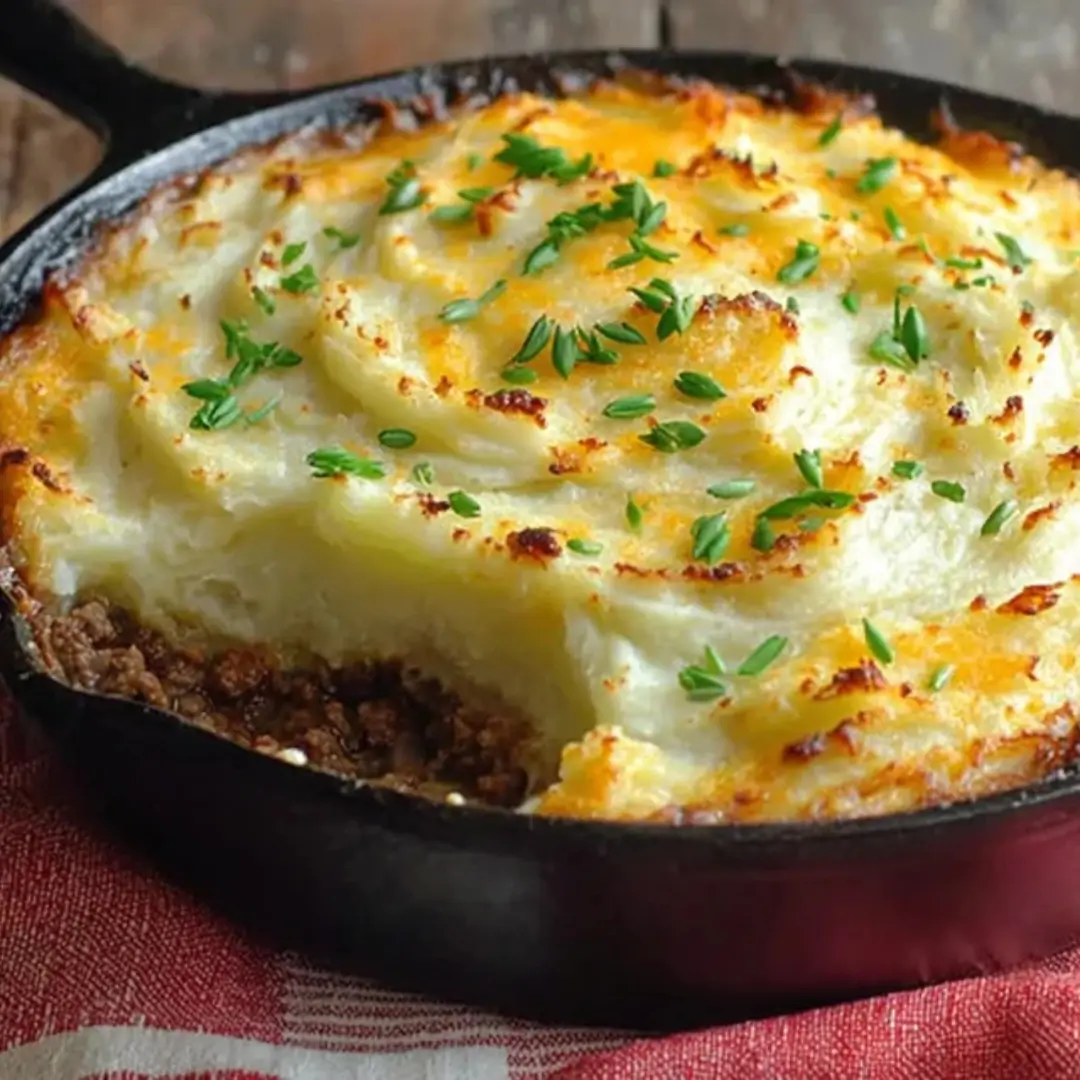 A cast-iron skillet filled with Shepherd’s Pie featuring a rich ground beef base, a thick layer of creamy mashed potatoes with decorative peaks, melted cheddar cheese, and a garnish of fresh green herbs.
