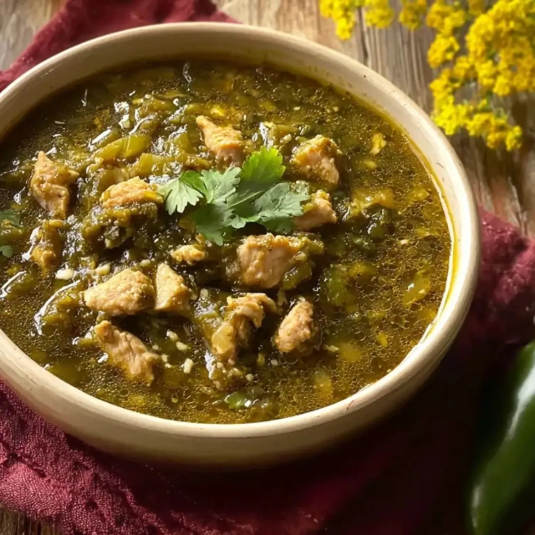 A cozy bowl of Simple Turkey Chili Verde garnished with fresh cilantro, sitting on a rustic red cloth next to a jalapeño and yellow flowers.