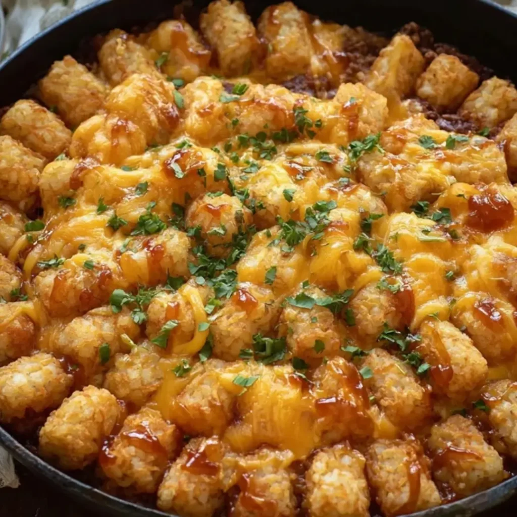 A golden-brown Sloppy Joe Tater Tot Casserole in a round black skillet, topped with melted cheddar cheese, fresh green parsley, and a drizzle of savory sauce.
