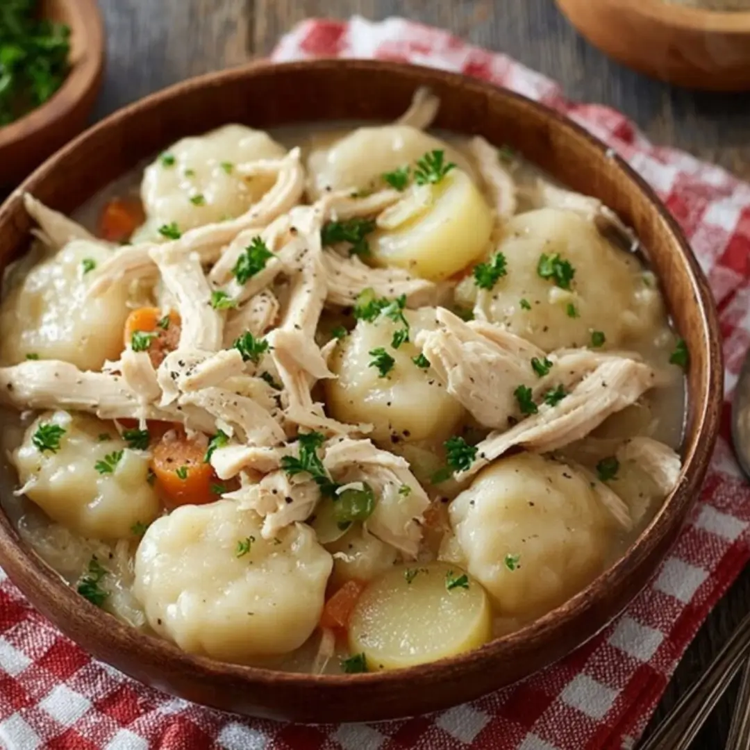 Close-up of Slow Cooker Chicken and Dumplings in a wooden bowl, topped with shredded chicken and fresh parsley.