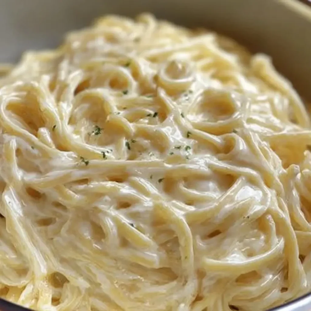 A close-up shot of a generous mound of perfectly cooked fettuccine or spaghetti coated in a thick, rich, and creamy Alfredo sauce, garnished with a sprinkle of fresh chopped parsley.