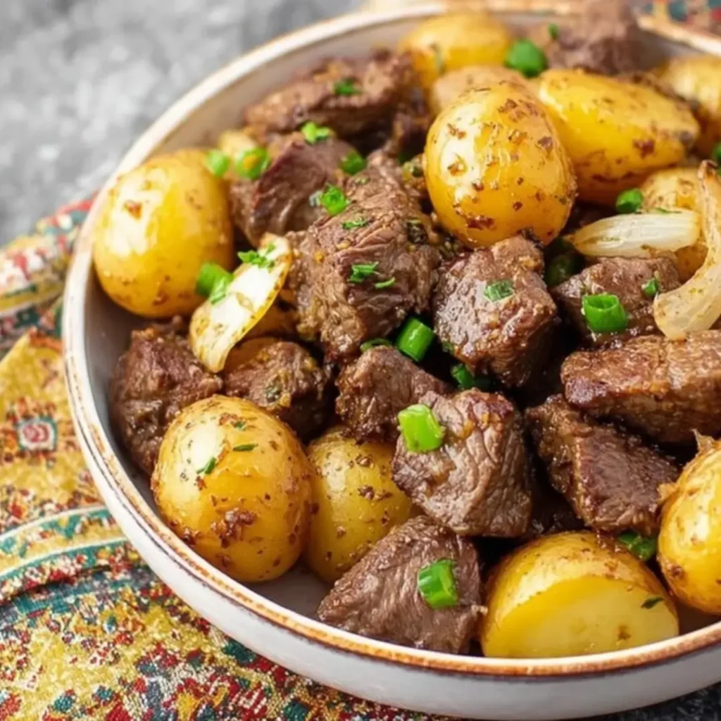 A close-up shot of a bowl filled with tender, seasoned beef steak bites and golden baby potatoes, generously coated in garlic butter sauce and garnished with fresh chopped green onions.