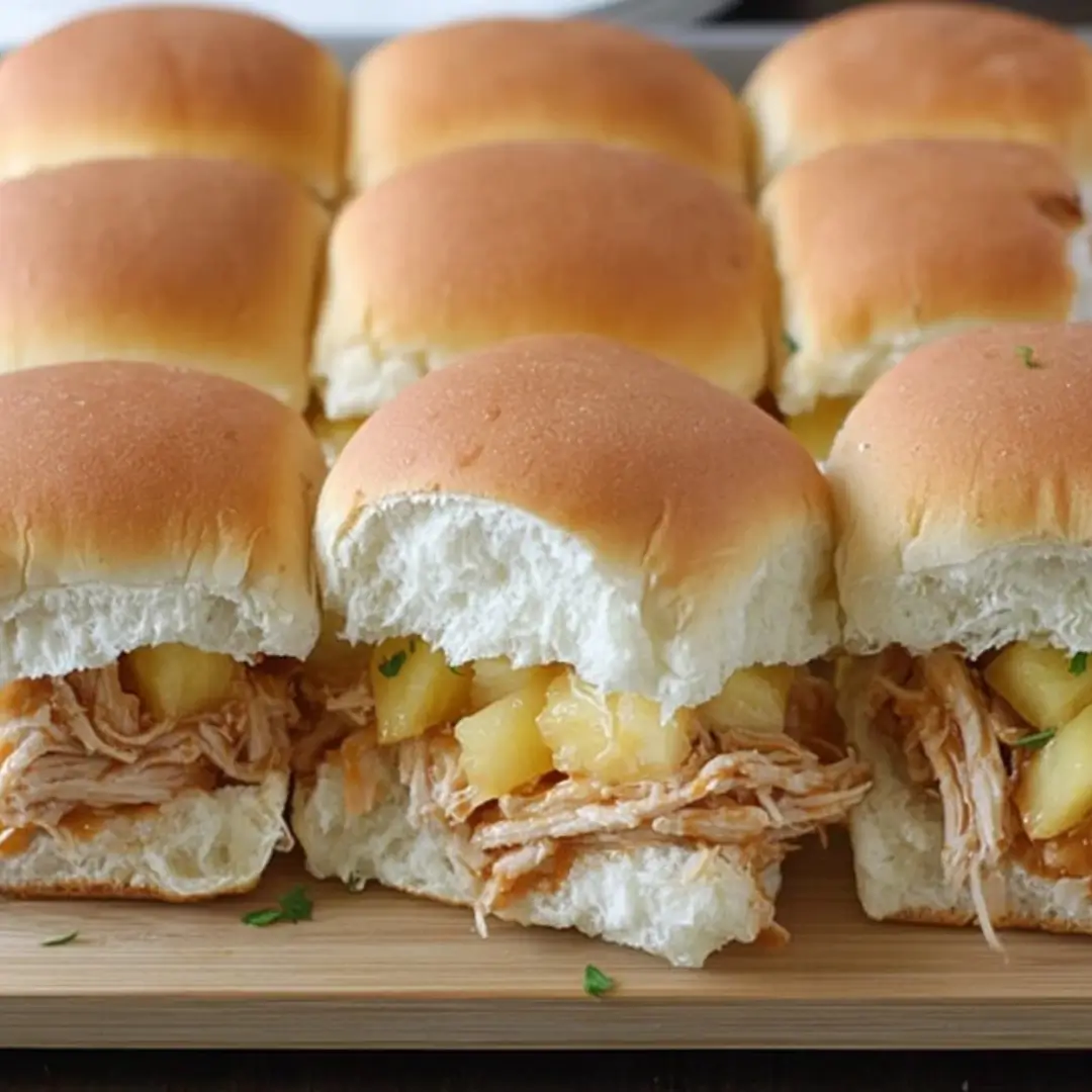 Slow Cooker Pineapple Chicken Sliders served on soft white buns with visible shredded chicken and chunky pineapple pieces.