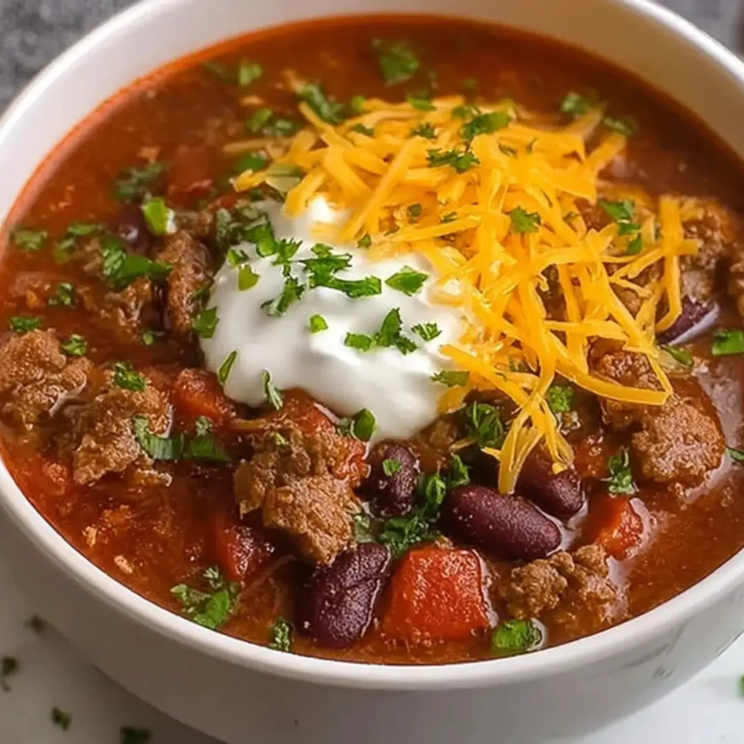 A white bowl filled with chunky slow cooker beef chili topped with a dollop of sour cream, shredded cheddar cheese, and fresh chopped parsley.