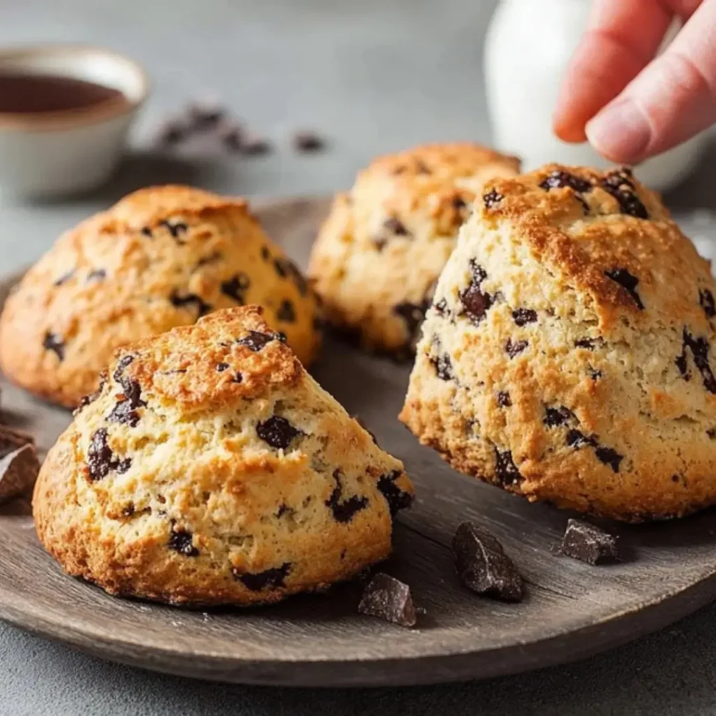 Four golden-brown sourdough chocolate chip scones, loaded with dark chocolate chips, arranged on a rustic wooden plate. A hand is reaching into the frame holding a small glass of milk.