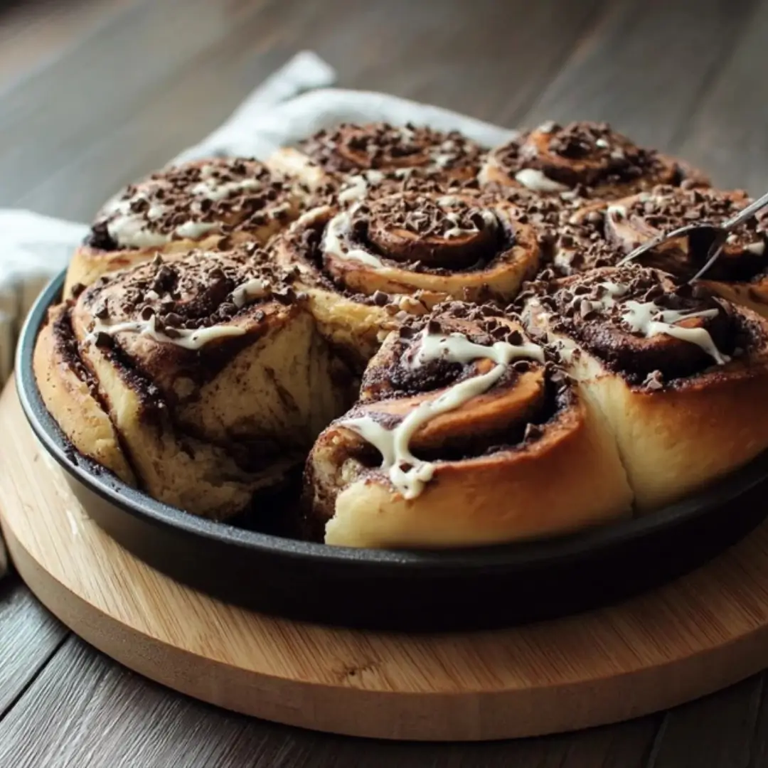 A round cast-iron pan of freshly baked, warm sourdough chocolate rolls, drizzled with white icing and topped with grated chocolate shavings. A fork is pulling one roll out of the pan.