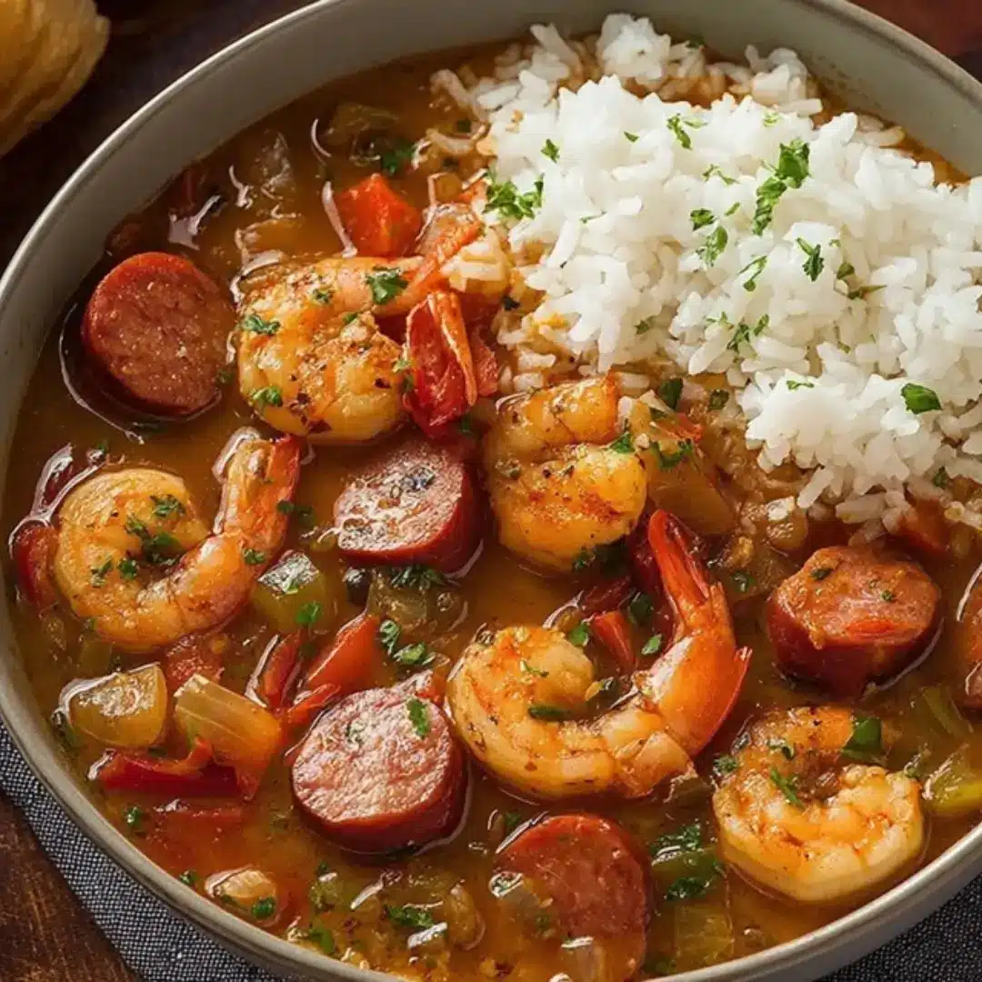 A hearty bowl of Southern Classic Gumbo featuring a rich, dark broth, sliced sausage (likely Andouille), whole pink shrimp, and the Holy Trinity vegetables, served with a scoop of fluffy white rice.